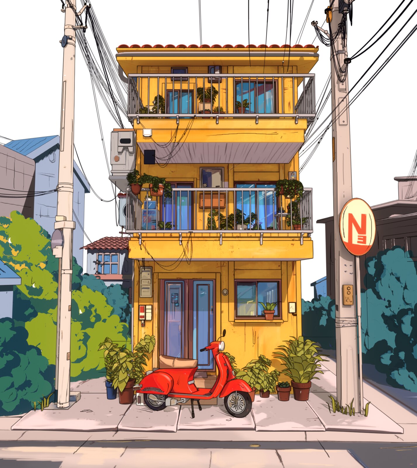 Rendu 3D final d'un immeuble japonais avec scooter rouge, détouré