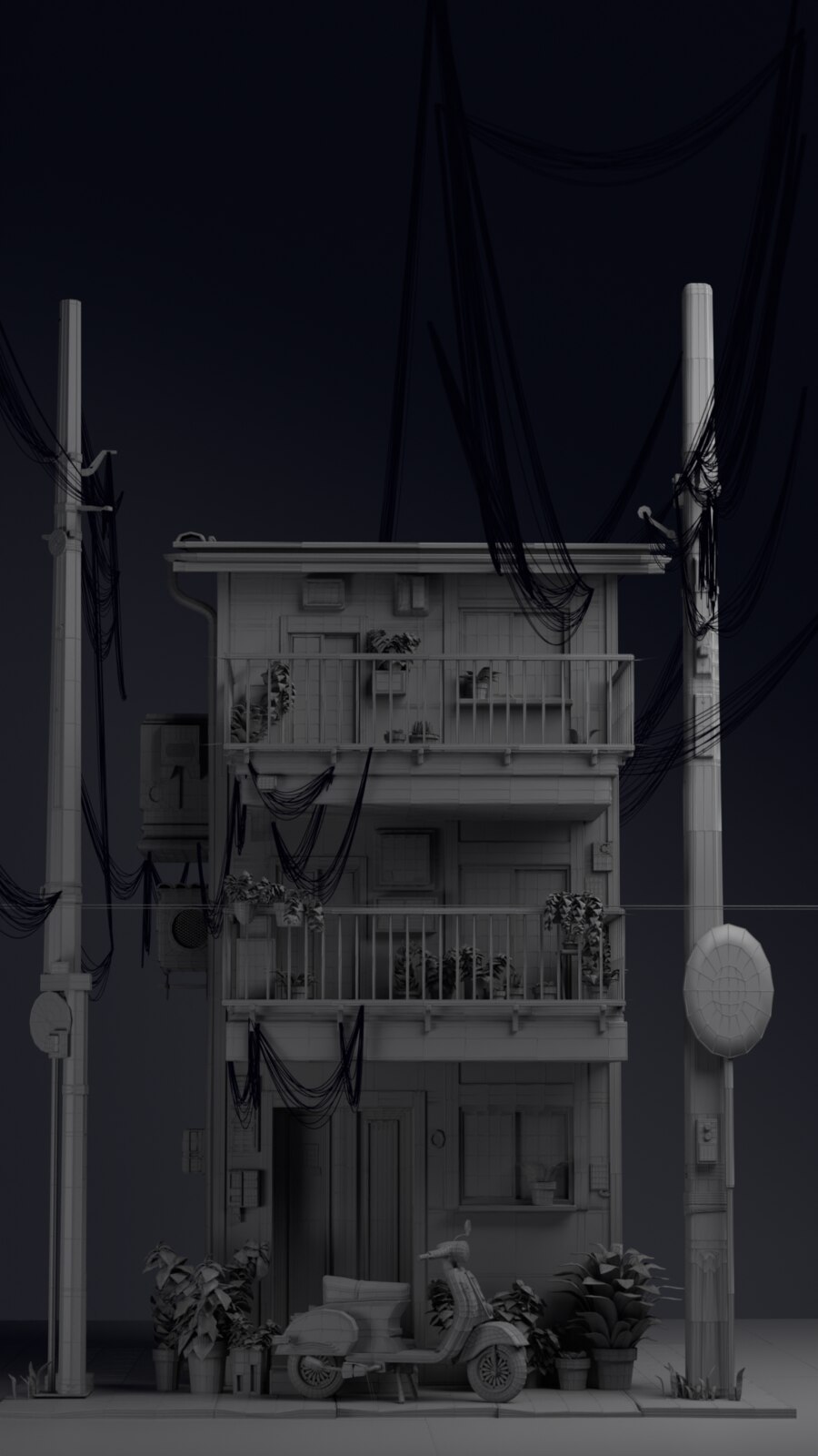 Rendu clay et wireframe de l'immeuble, étape de travail