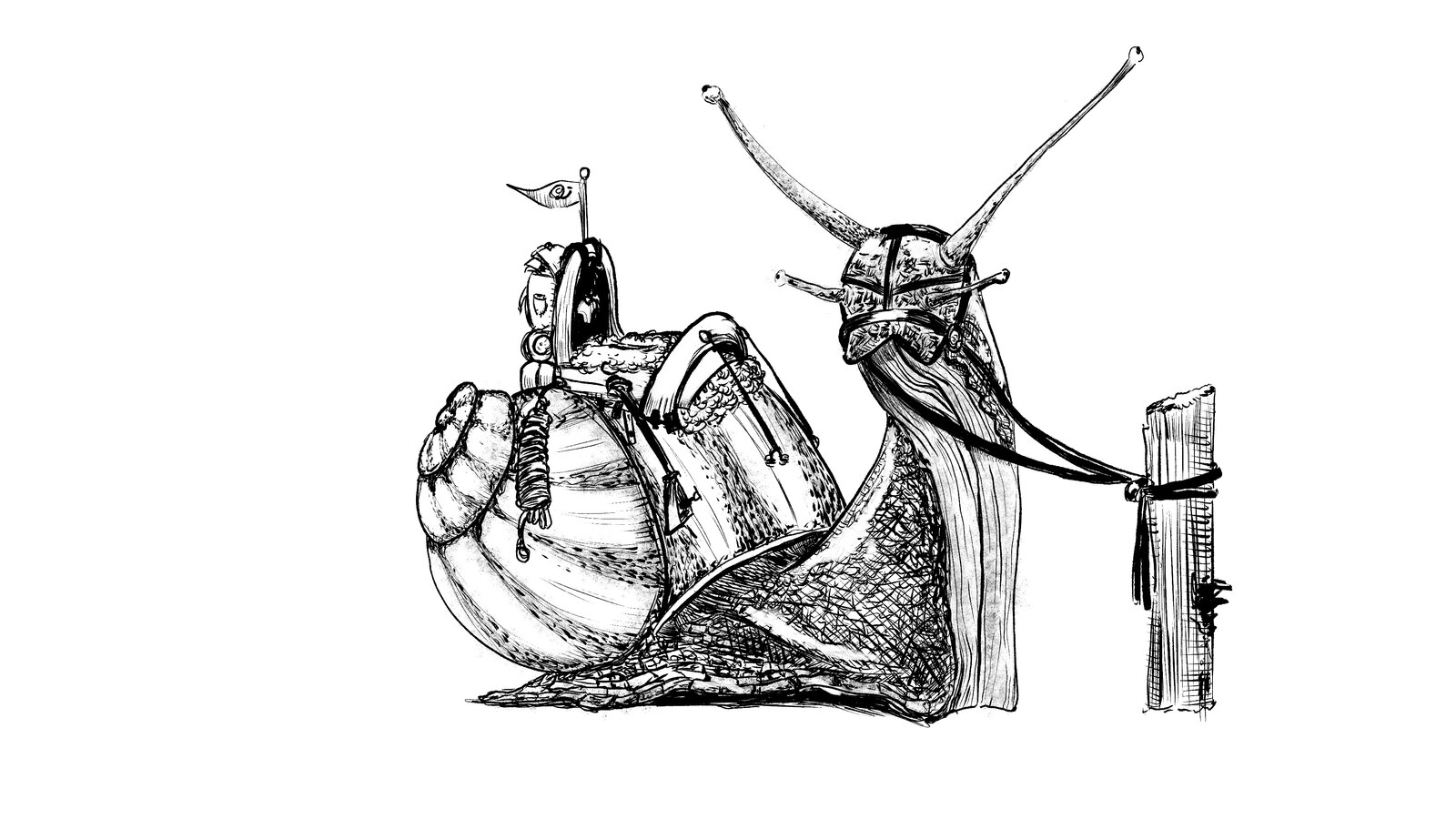 Escargot harnaché façon monture fantastique, encre