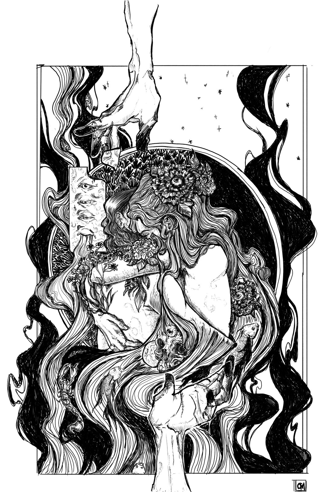Portrait onirique d'une femme entourée de fleurs et de motifs fluides, encre