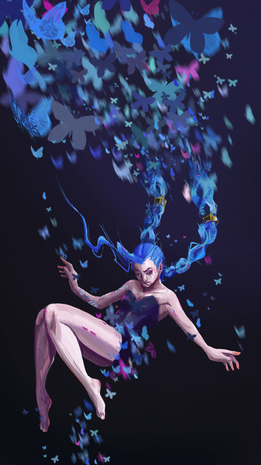 Figure aux cheveux bleus entourée de papillons, illustration colorée