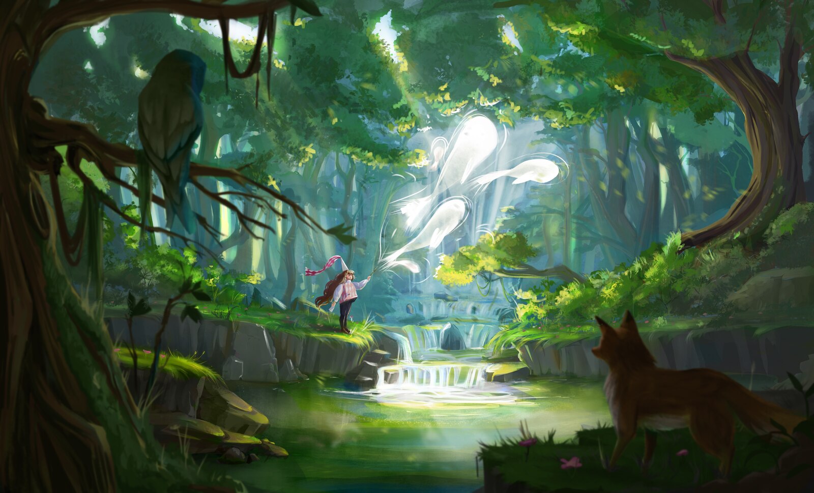 Illustration digitale d'une jeune sorcière invoquant des esprits lumineux près d'une cascade en forêt, avec un renard