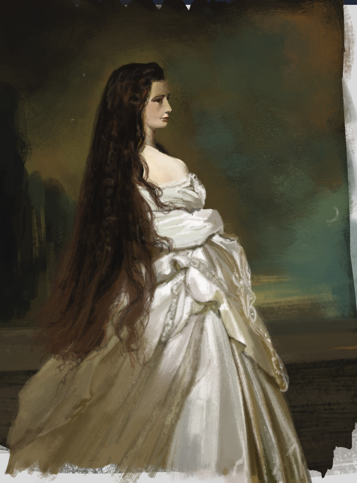 Étude d'après un portrait en robe blanche, cheveux longs