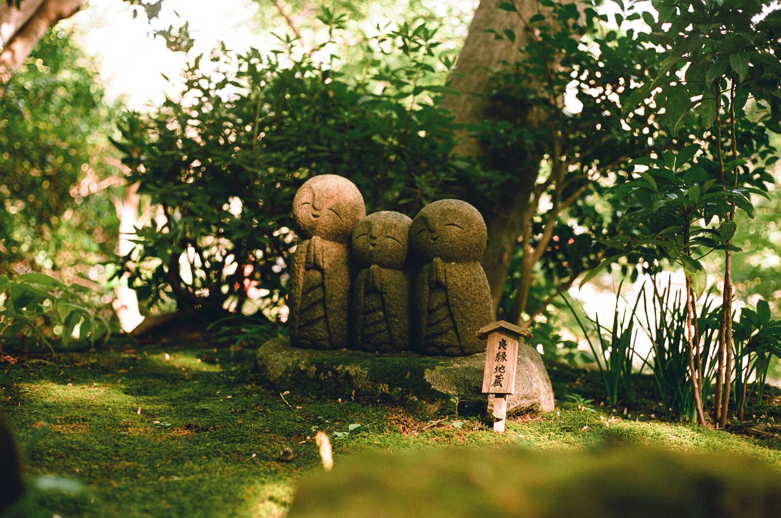 Trois statuettes jizo côte à côte dans un jardin japonais
